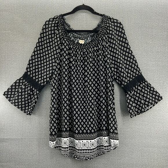 Faded Glory Black/White 3/4 Bell Sleeve 100% Rayon Boho‎ Blouse Tunic Size XXL - Picture 1 of 8